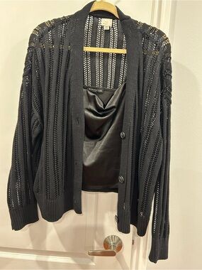 Electric Family Black Open-Knit Button Front Cardigan